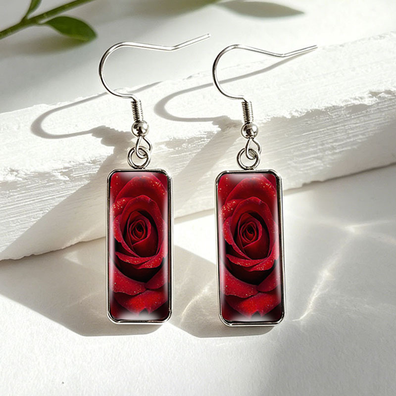 Deep Red Rose Stainless Steel Rectangular Drop Earrings